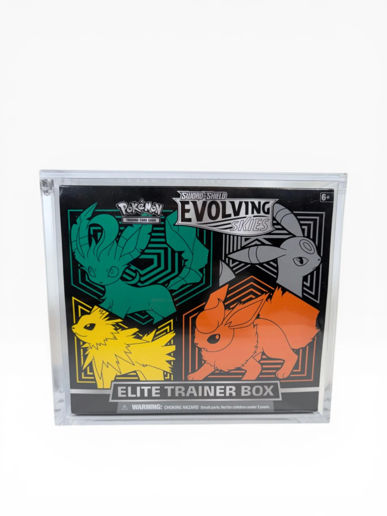 Acrylic display case holding a Pokémon Elite Trainer Box