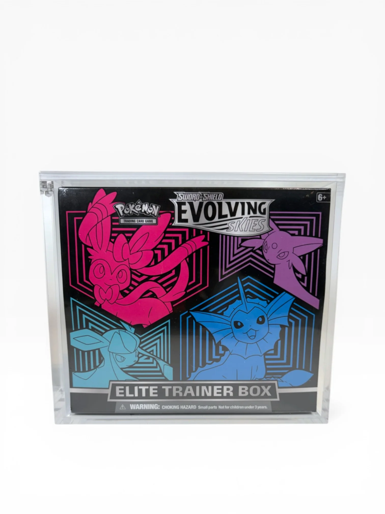 Acrylic display case holding a Pokémon Elite Trainer Box