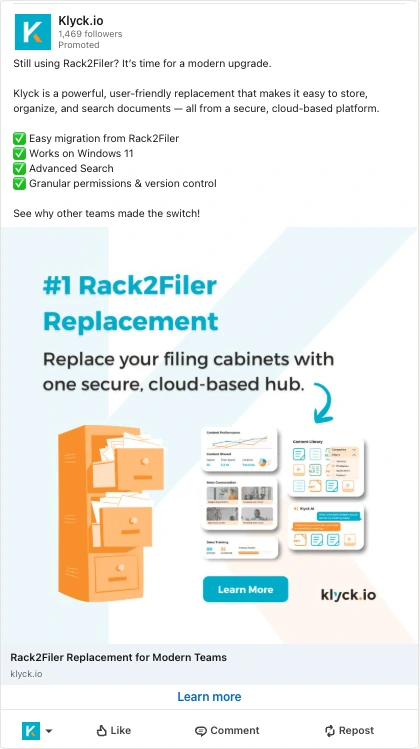 Klyck.io sponsored LinkedIn ad: #1 Rack2Filer Replacement