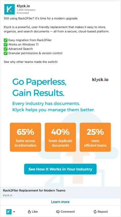 Klyck.io sponsored LinkedIn ad: Go Paperless, Gain Results