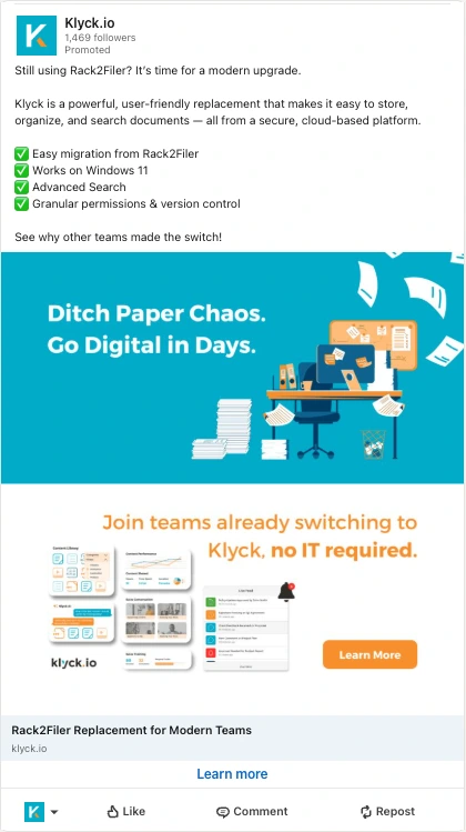 Klyck.io sponsored LinkedIn ad: Ditch Paper Chaos, Go Digital in Days