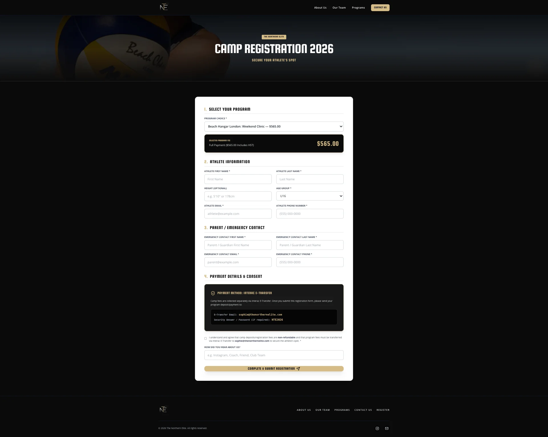 MULTI-STEP ATHLETE REGISTRATION FUNNEL & CAMP SELECTION FORM